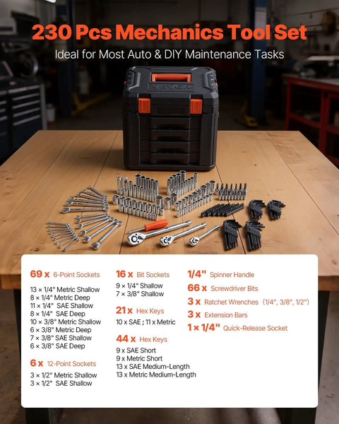 230 Piece Mechanics Tool Set With One Quarter Inch Three Eighths Inch And One Half Inch Drive Sockets SAE And Metric Wrenches Screwdriver Bits.