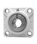 Front view of 1-1/4 Kanigen Accu-Loc RF White 4-Bolt Flange Open Cover Single Row Ball Bearing with polymer housing.