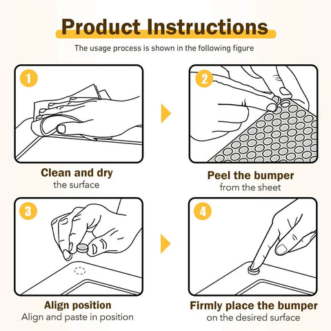 Product instructions showing steps to apply 240 Piece Self Adhesive Cabinet Door Bumpers One Half Inch Clear Silicone Cushions