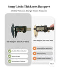 Digital calipers measuring 4mm and 2mm thickness rubber bumpers with features comparison for heavy duty cabinet door bumpers.