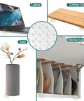 Image showing 200 Pack Self Adhesive Cabinet Door Bumpers Pads Clear Soft Rubber Circular Dots used on laptop, cutting board, vase, and cabinet.