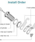 Secure cabinets, drawers, and RV storage with a durable three quarters inch cam lock set installation guide showing components.