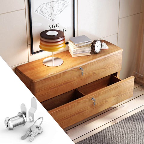 Wooden cabinet with installed Three Pack Keyed Alike Cam Lock Set with 1-1/8 inch cylinders, forged from chrome plated zinc alloy.