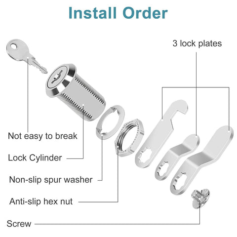 Exploded view of 3/4 Inch Cam Lock Set Keyed Alike for Cabinets and Drawers Includes 2 Locks and Keys Durable Zinc Alloy Construction diagram.