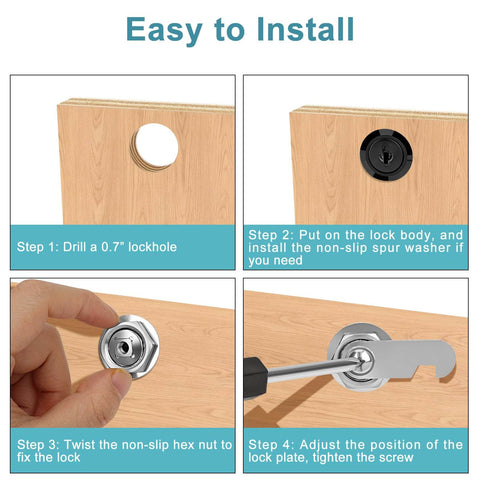 Installation steps for keyed-alike cabinet cam locks in a sleek black finish for secure drawers, files, and RV storage.