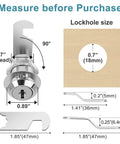 3/4 Inch Cam Lock Set Keyed Alike for Cabinets and Drawers Includes 2 Locks and Keys with size measurements and diagram.