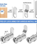Cabinet Cam Locks Keyed Alike Set For RV Storage And Tool Boxes One And A Half Inch Long Zinc Alloy 4 Pack displayed with lock arms