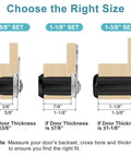 Diagram of cabinet cam locks in black finish, 1-1/8 inch set, showing door thickness compatibility for secure installation.