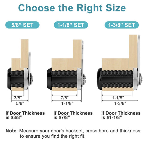 Diagram of cabinet cam locks in black finish, 1-1/8 inch set, showing door thickness compatibility for secure installation.