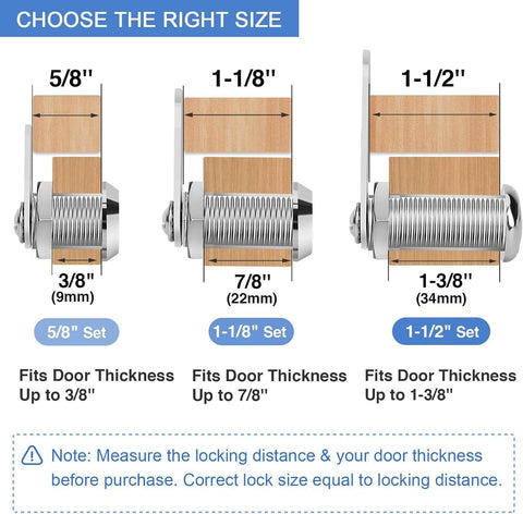 Diagram showing sizes of cam locks for different door thicknesses, including 1-1/2 inch, part of the Keyed Alike Cabinet Cam Locks Set 1-1/2 Inch With Keys Durable Zinc Alloy Locks For Cabinets RV Storage Tool Boxes Thick Drawers Two Pack Heavy Duty Construction.