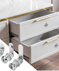 Keyed Alike Cabinet Cam Locks Set 1-1/2 Inch With Keys Durable Zinc Alloy Locks For Cabinets RV Storage Tool Boxes Thick Drawers Two Pack Heavy Duty Construction installed on white drawers.