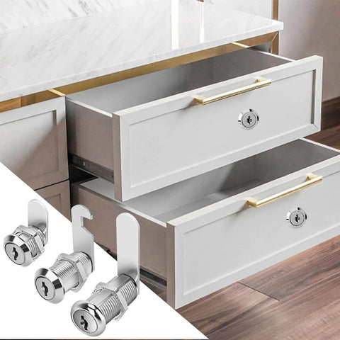 Installed cabinet cam locks keyed alike set for RV storage and tool boxes, showing durable 1-1/2 inch zinc alloy locks on drawers.