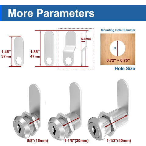 Three Pack Cabinet Locks With Keys One And One Eighth Inch Cam Locks Alike For Cabinets Drawers Doors RV Storage And Mailbox Zinc Alloy Security Lock Set For Tool Boxes And Storage Units showing dimensions and mounting hole size