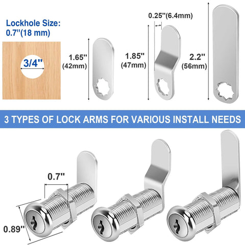 Diagram of Keyed Alike Cabinet Cam Locks Set 1-1/2 Inch with keys, showing zinc alloy locks, lock arms, and installation dimensions.