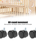 4 Pack Cabinet Casters 1.5 Inch 360 Degree Rotatable Replacement Wheels for cabinets, chairs, and bookshelves, shown with a crib