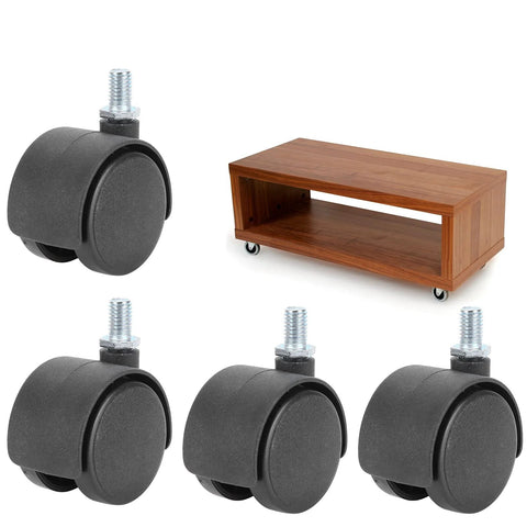 4 Pack Cabinet Casters 1.5 Inch 360 Degree Rotatable Replacement Wheels attached to wooden furniture | Universal Plastic Wheel For Cabinets Chairs