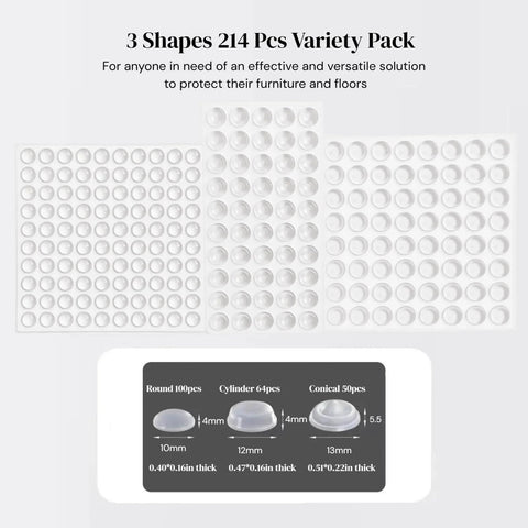 Heavy Duty Cabinet Door Bumpers Set With 4mm And 5.5mm Thick Cushions 3 Shapes And A 214 Piece Variety Pack Of Self Adhesive Clear Rubber Bumper Pads For Cabinets Drawers And Furniture That Keep Doors From Slamming Or Scratching Surfaces displayed in sheets