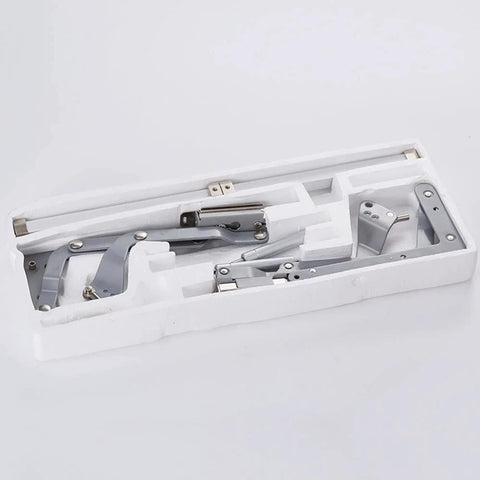 Cabinet Door Hinges Lift Up Mechanism Support Vertical Swing Lifting Stay Strut Hydraullic Cylinder in packaging, silver.