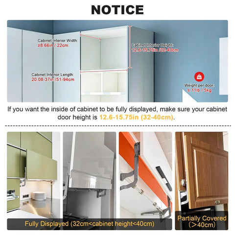 Diagram and examples showing installation of Cabinet Door Lift up Hinge, Vertical Lift Hinge with measurements and display options.