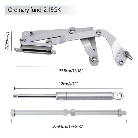 Diagram of Cabinet Door Hinges, Folding Lift up Top Table Vertical Swing Lift Up Stay, with measurements and pneumatic arm
