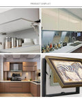 Cabinet Door Hinges, Lift Up Mechanism Support Vertical Swing Lifting Stay Strut Hydraulic Cylinder in various kitchen setups.