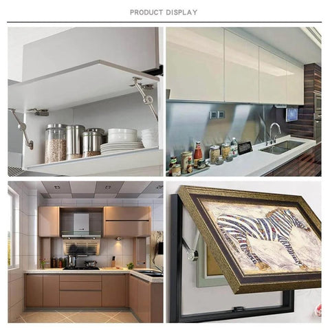 Cabinet Door Hinges, Lift Up Mechanism Support Vertical Swing Lifting Stay Strut Hydraulic Cylinder in various kitchen setups.