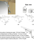 Diagram and measurements of 2 Packs [Upgraded] Qrity Cabinet Cupboard Furniture Door Lift Stay Support Hinge Damper for 75°, 90°, 110° angles.