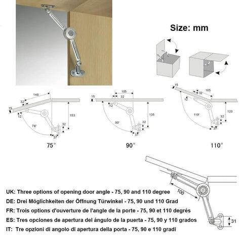 Diagram and measurements of 2 Packs [Upgraded] Qrity Cabinet Cupboard Furniture Door Lift Stay Support Hinge Damper for 75°, 90°, 110° angles.