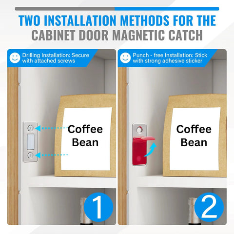 Two installation methods for cabinet door magnetic catch with drilling and punch-free options, coffee bean jar shown inside cabinet.