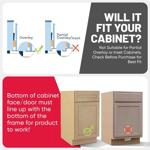 Diagram showing compatibility of Hands Free Foot Pull Handle For Garbage Drawers And Bins Touchless Opener For Cabinets with overlay cabinets.