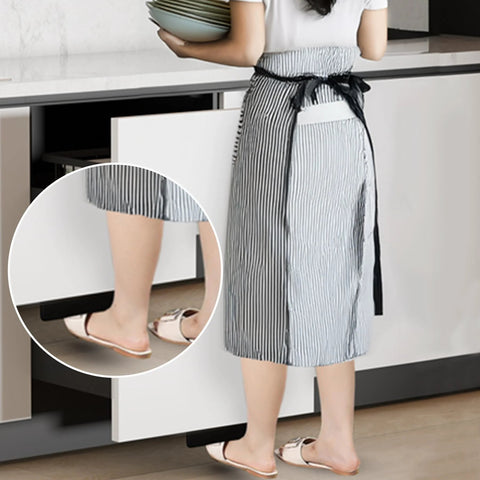 Woman using Cabinet Foot Pull For Trash Drawer Hands Free Touchless Design With Foot Pedal Operation Suitable For Cabinets With Full Coverage Front