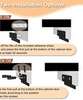 Two installation options for Pack Of Two Hands Free Cabinet Foot Pulls, showing adhesive and screw-on methods for touchless trash drawers.