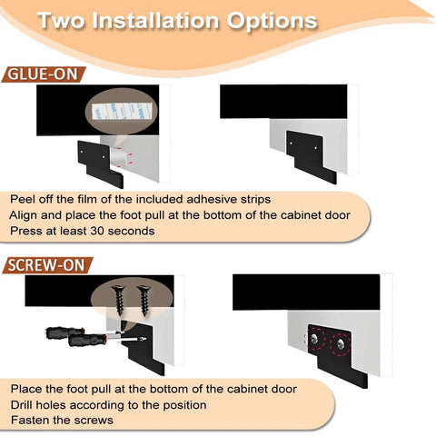 Two installation options for Pack Of Two Hands Free Cabinet Foot Pulls, showing adhesive and screw-on methods for touchless trash drawers.