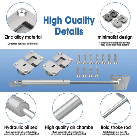 Drop Down Gas Struts,Gas Spring Hinge with 90 Degree Page Turning Axis, for Cabinet and Desk Downward Flap Slowly Down, detailed parts view