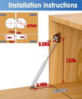 Installation instructions for Drop Down Gas Struts, Gas Spring Hinge with 90 Degree Page Turning Axis, showing measurements in cabinet