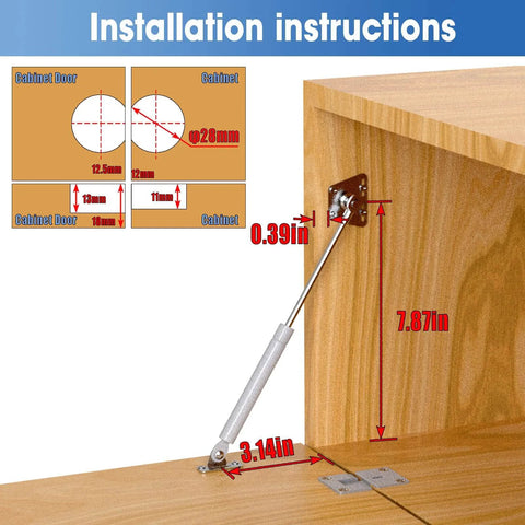 Installation instructions for Drop Down Gas Struts, Gas Spring Hinge with 90 Degree Page Turning Axis, showing measurements in cabinet