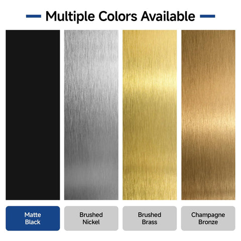 Color options for cabinet handles including Matte Black, Brushed Nickel, Brushed Brass, and Champagne Bronze