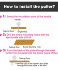 Diagram showing step-by-step installation instructions for cabinet handle or puller on a cabinet door.