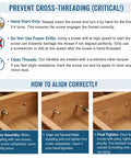 Instructional image showing how to prevent cross-threading and align cabinet pulls correctly, including tips for hand-starting screws.