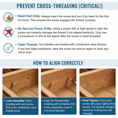 Instructional image showing how to prevent cross-threading and align cabinet pulls correctly, including tips for hand-starting screws.