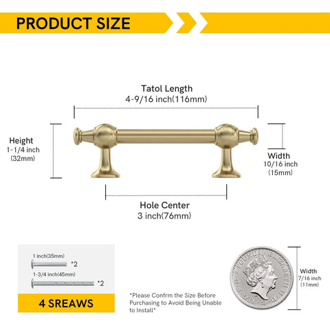 Dimensions of 10 Pack 3 Inch Champagne Bronze Cabinet Handles Oval Bar Pulls With Rounded Corners, showing complete measurements and 4 screws.