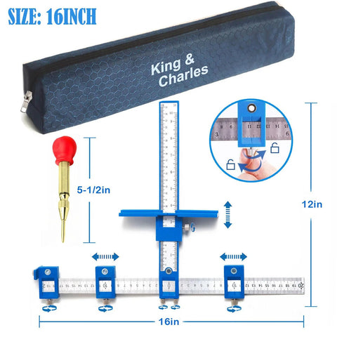 Cabinet Hardware Jig With Automatic Center Punch, 16-inch size, showing measurement scales for precise handle installations.