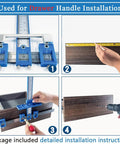 Cabinet Hardware Jig With Automatic Center Punch For Precise Handle And Pull Installations shown in use on wooden drawer