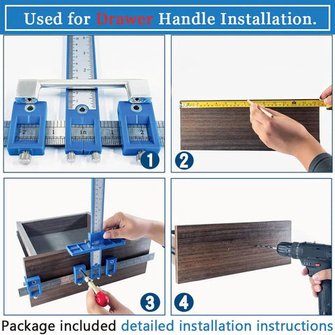 Cabinet Hardware Jig With Automatic Center Punch For Precise Handle And Pull Installations shown in use on wooden drawer