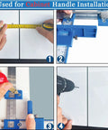 Cabinet Hardware Jig With Automatic Center Punch for precise handle installations on white cabinets, shown measuring and drilling.