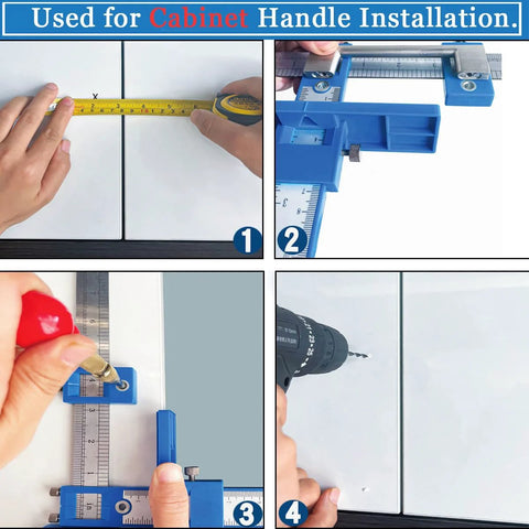 Cabinet Hardware Jig With Automatic Center Punch for precise handle installations on white cabinets, shown measuring and drilling.