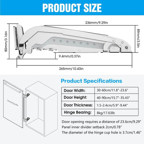 Diagram showing dimensions of 2 Sets Opening Door Hinge Set 180° Parallel Opening Cabinet Wardrobe Door with load-bearing specs