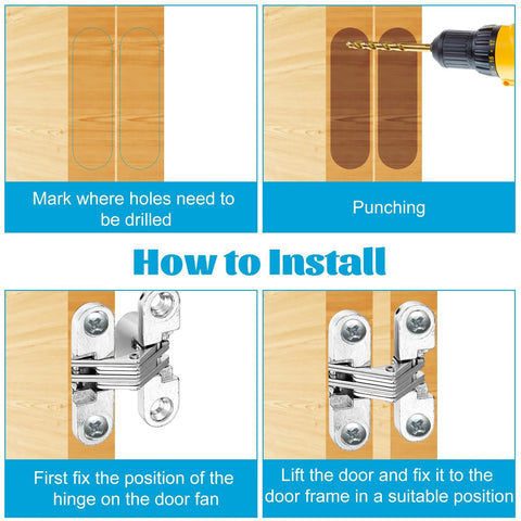 Eight-pack stainless steel hidden cabinet hinges (1-3/4 in) for cabinet doors, installation steps shown.