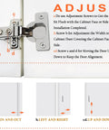 Diagram of 24 Pack Half Inch Overlay Soft Close Cabinet Hinges For Kitchen Cabinets with adjustment instructions shown.