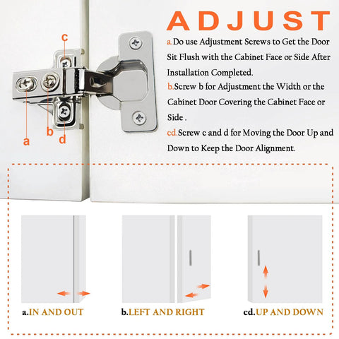 Diagram of 24 Pack Half Inch Overlay Soft Close Cabinet Hinges For Kitchen Cabinets with adjustment instructions shown.